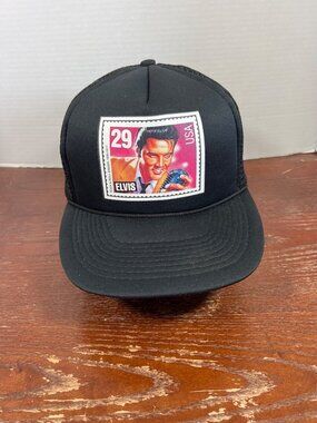 Vintage Elvis Presley Trucker Hat Black Mesh Snapback 29¢ USA Stamp Graphic X3